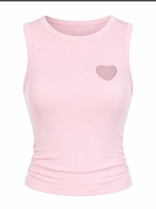 Tops - Pink Ribbed Heart Cutout Tank Top - Women